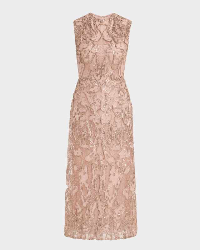 Sequined Metallic Lace Sleeveless Midi Dress